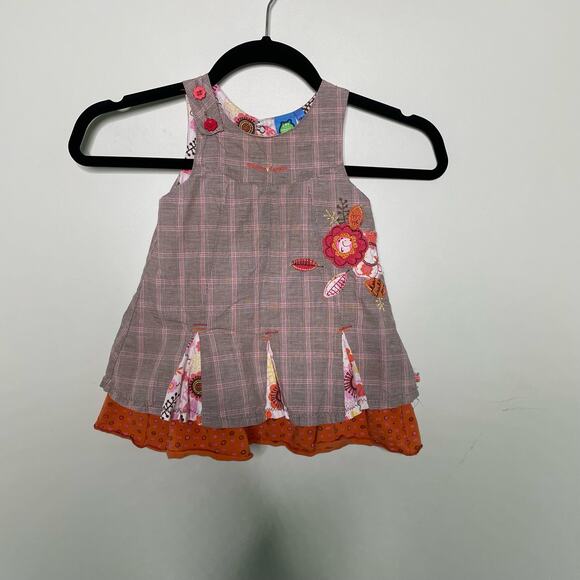 Gagou Tagou‎ Plaid Dress Jumper Sleeveless Embroidered Floral Brown 24M Cottage - Picture 3 of 10